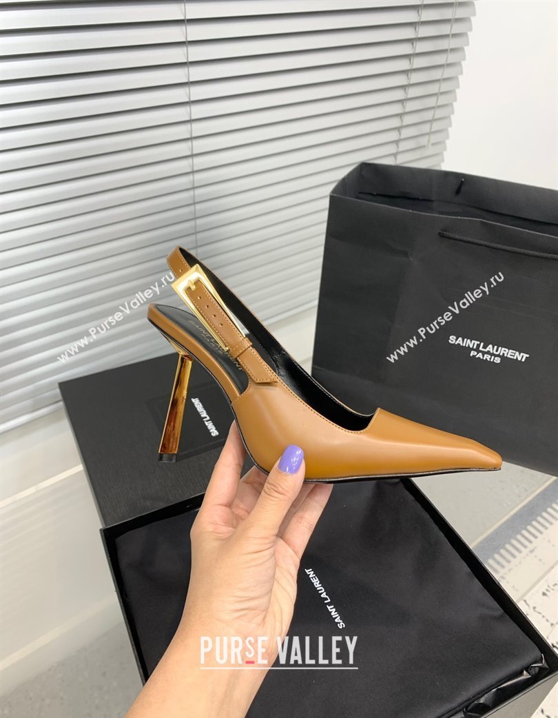 Saint Laurent Lee Slingback Pumps 11cm with Buckle in Shiny Leather Light Brown 2025 763421 (KER-250225074)