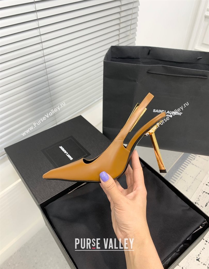 Saint Laurent Lee Slingback Pumps 11cm with Buckle in Shiny Leather Light Brown 2025 763421 (KER-250225074)