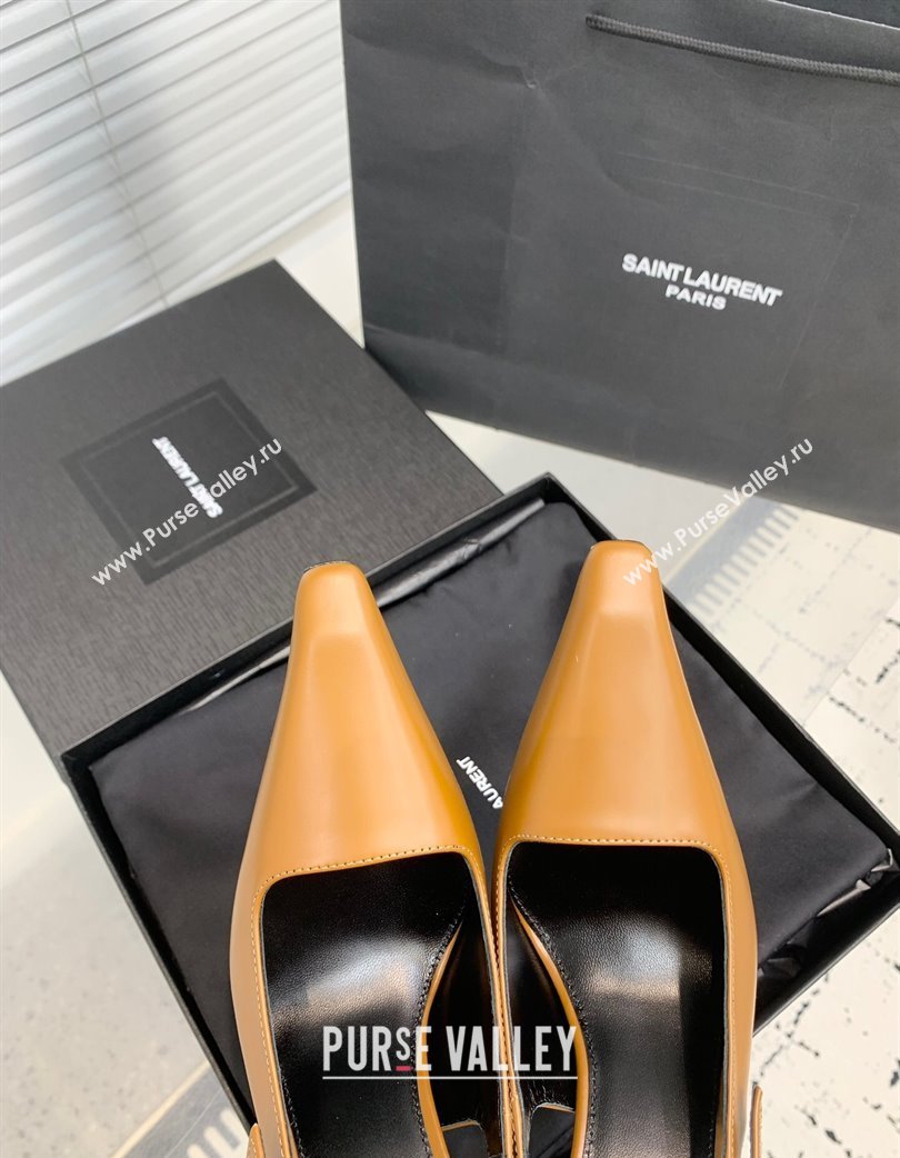 Saint Laurent Lee Slingback Pumps 11cm with Buckle in Shiny Leather Light Brown 2025 763421 (KER-250225074)