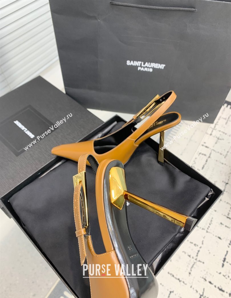 Saint Laurent Lee Slingback Pumps 11cm with Buckle in Shiny Leather Light Brown 2025 763421 (KER-250225074)