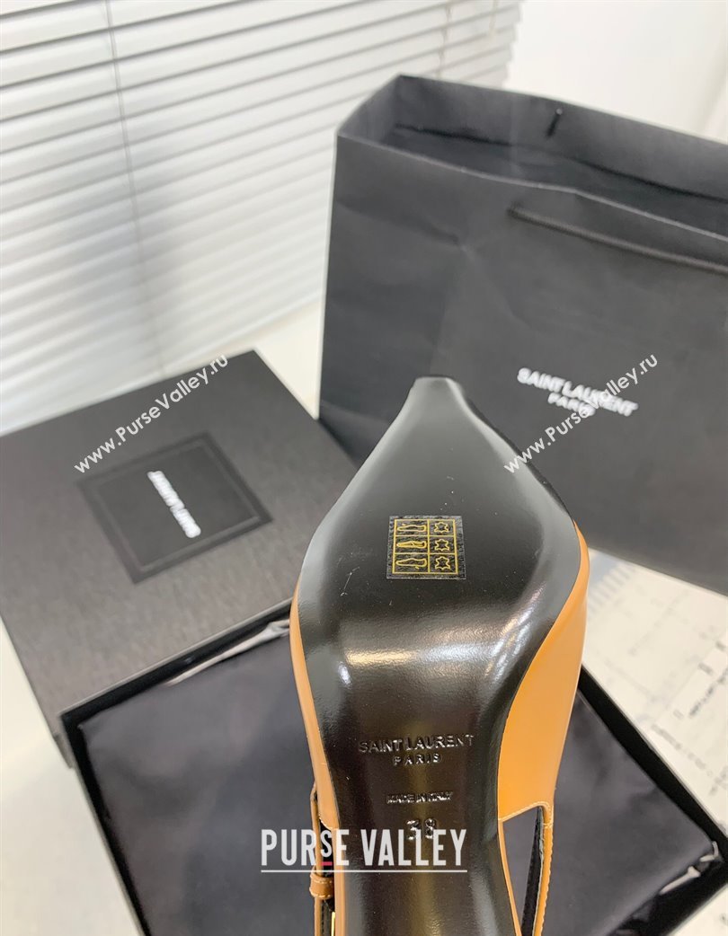 Saint Laurent Lee Slingback Pumps 11cm with Buckle in Shiny Leather Light Brown 2025 763421 (KER-250225074)