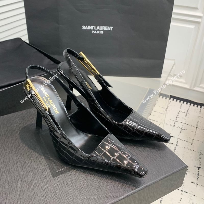 Saint Laurent Lee Slingback Pumps 11cm with Buckle in Stone Embossed Leather Black 2025 763421 (KER-250225075)