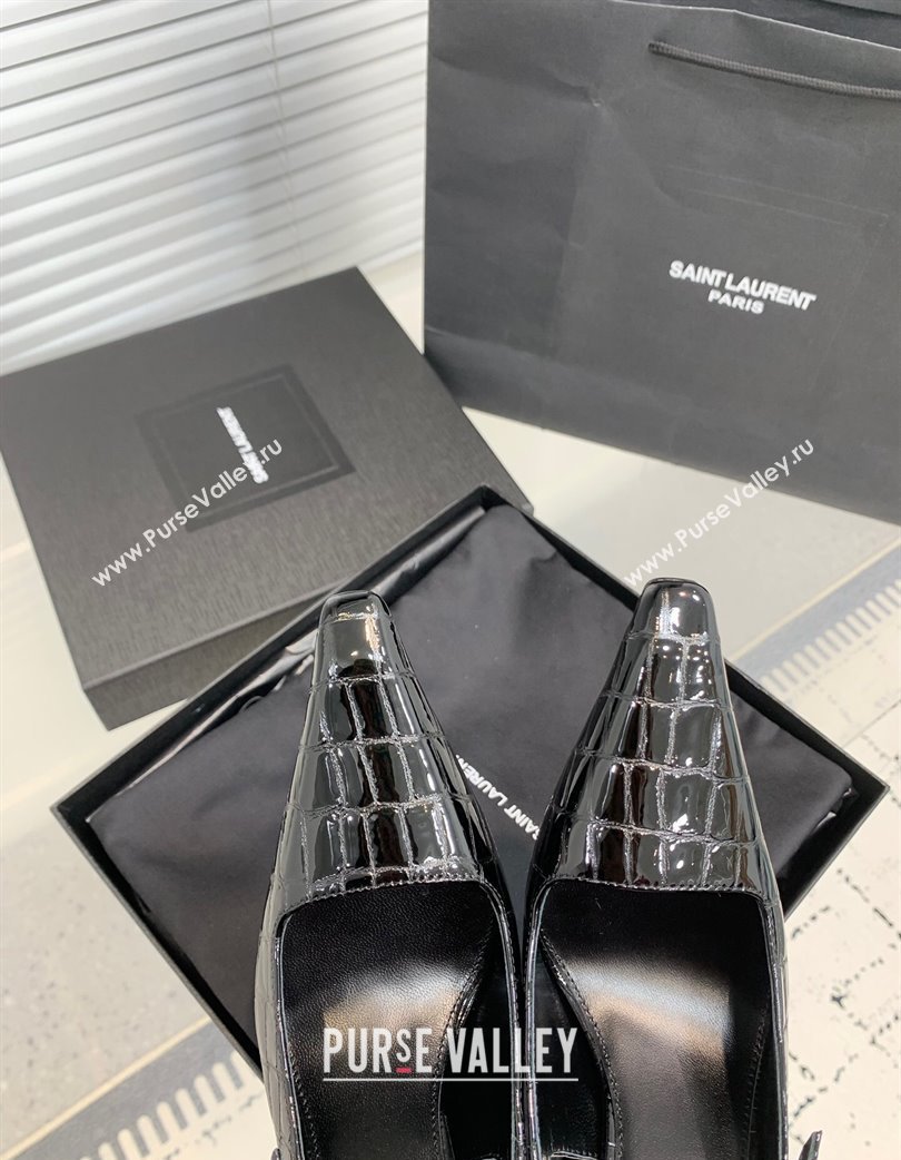 Saint Laurent Lee Slingback Pumps 11cm with Buckle in Stone Embossed Leather Black 2025 763421 (KER-250225075)