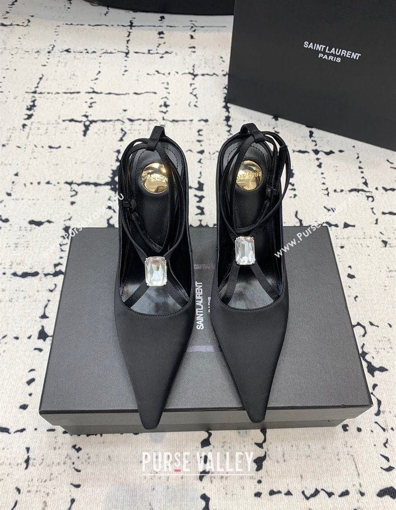 Saint Laurent Harlow Pointed Toe Heel Sandals 10cm in Satin with Strass Black 2025 (KER-250225079)