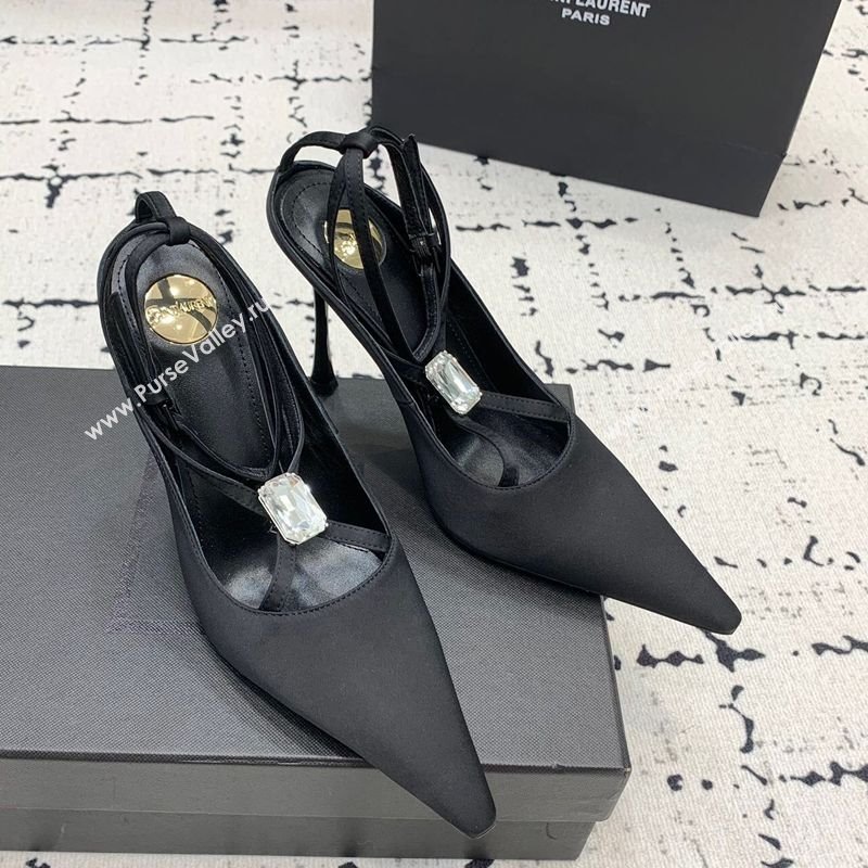 Saint Laurent Harlow Pointed Toe Heel Sandals 10cm in Satin with Strass Black 2025 (KER-250225079)