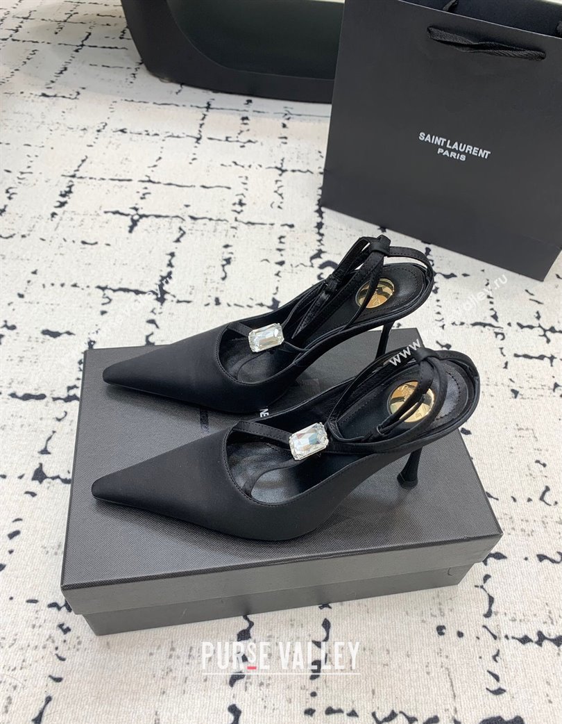 Saint Laurent Harlow Pointed Toe Heel Sandals 10cm in Satin with Strass Black 2025 (KER-250225079)