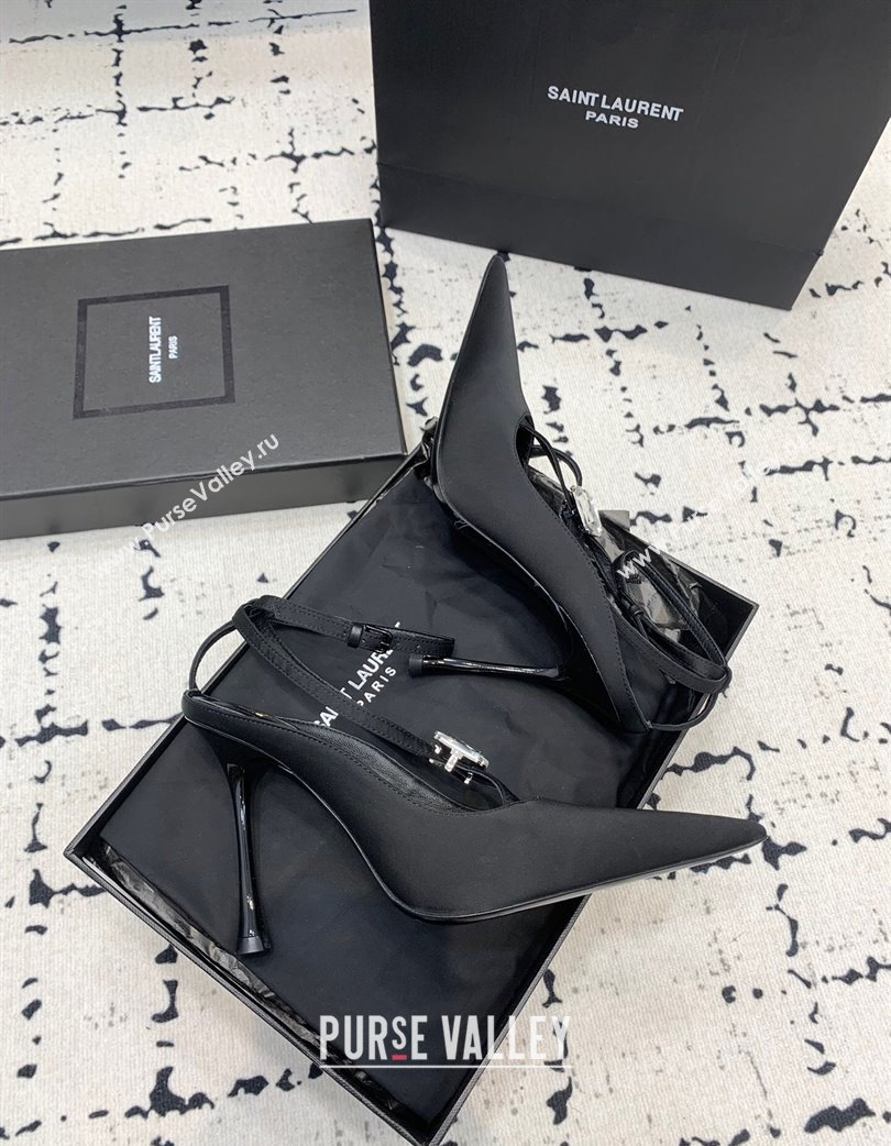 Saint Laurent Harlow Pointed Toe Heel Sandals 10cm in Satin with Strass Black 2025 (KER-250225079)