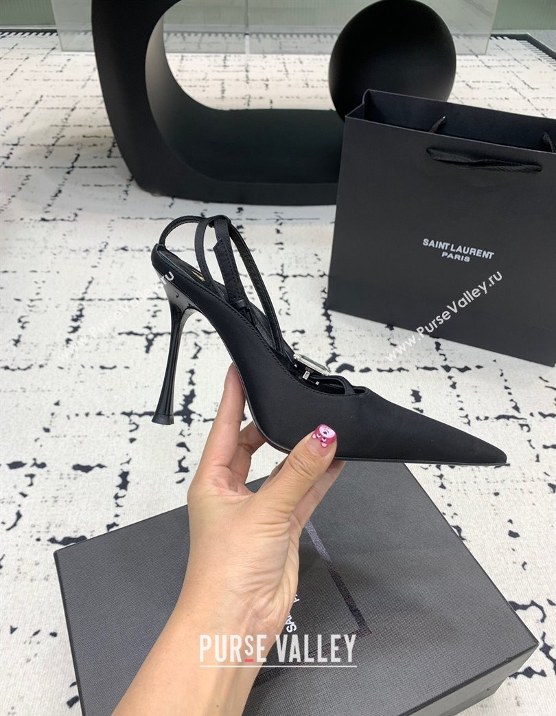 Saint Laurent Harlow Pointed Toe Heel Sandals 10cm in Satin with Strass Black 2025 (KER-250225079)