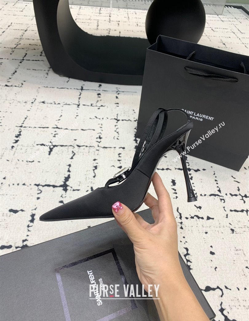 Saint Laurent Harlow Pointed Toe Heel Sandals 10cm in Satin with Strass Black 2025 (KER-250225079)