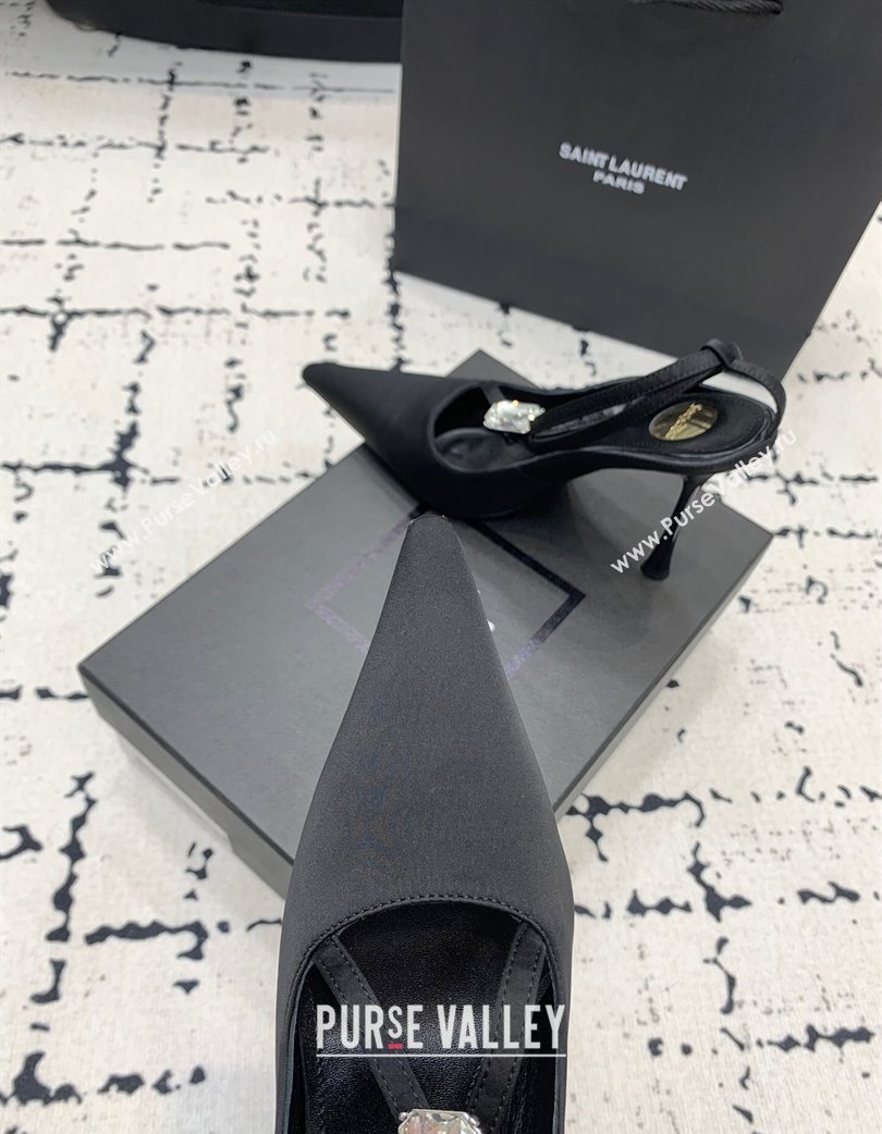 Saint Laurent Harlow Pointed Toe Heel Sandals 10cm in Satin with Strass Black 2025 (KER-250225079)