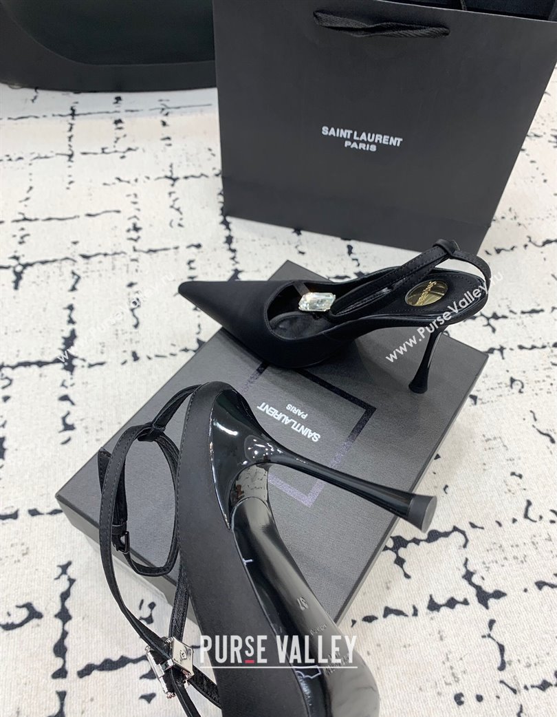 Saint Laurent Harlow Pointed Toe Heel Sandals 10cm in Satin with Strass Black 2025 (KER-250225079)