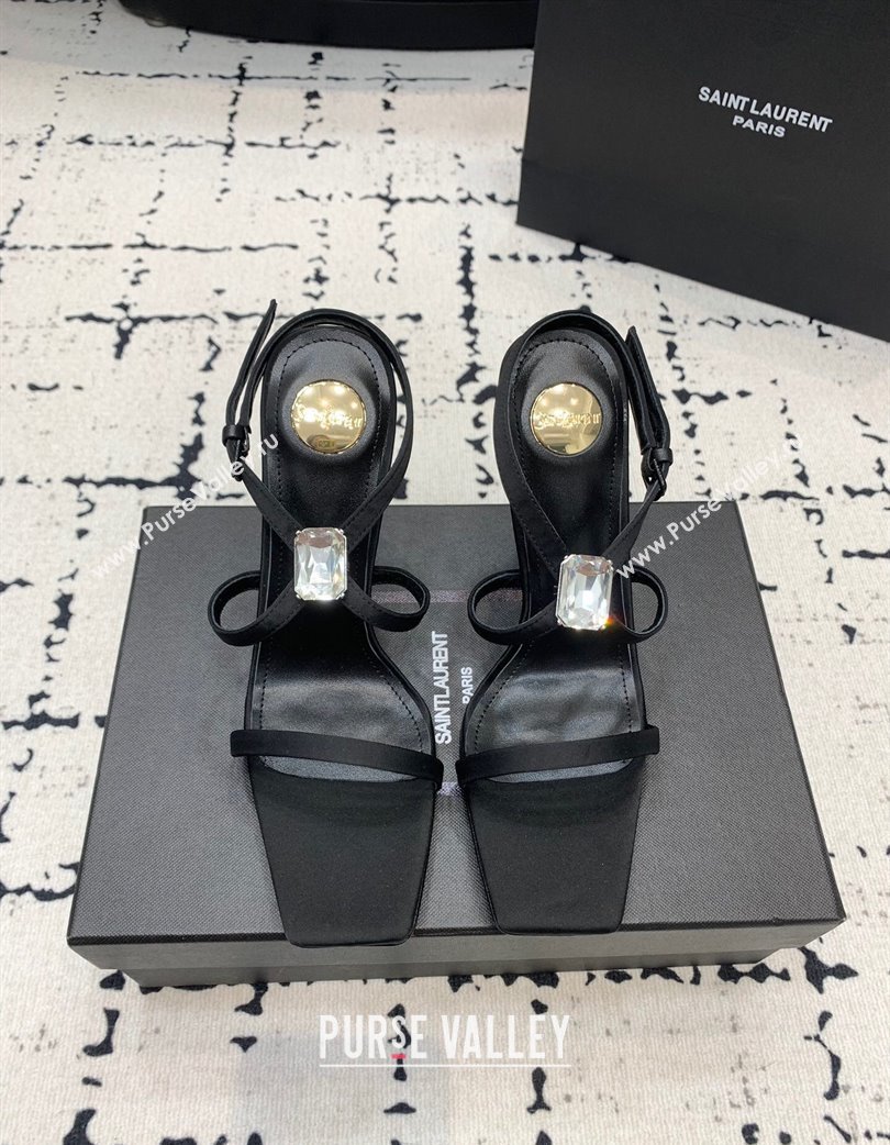 Saint Laurent Harlow Heeled Sandals 10cm in Satin with Strass Black 2025 (KER-250225083)