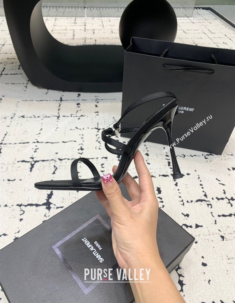 Saint Laurent Harlow Heeled Sandals 10cm in Satin with Strass Black 2025 (KER-250225083)