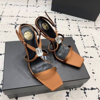 Saint Laurent Harlow Heeled Sandals 10cm in Satin with Strass and Stone Brown 2025 8079649 (KER-250424050)