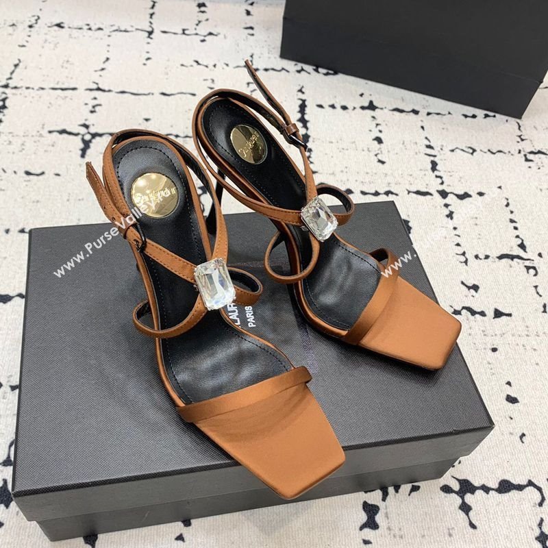 Saint Laurent Harlow Heeled Sandals 10cm in Satin with Strass and Stone Brown 2025 8079649 (KER-250424050)