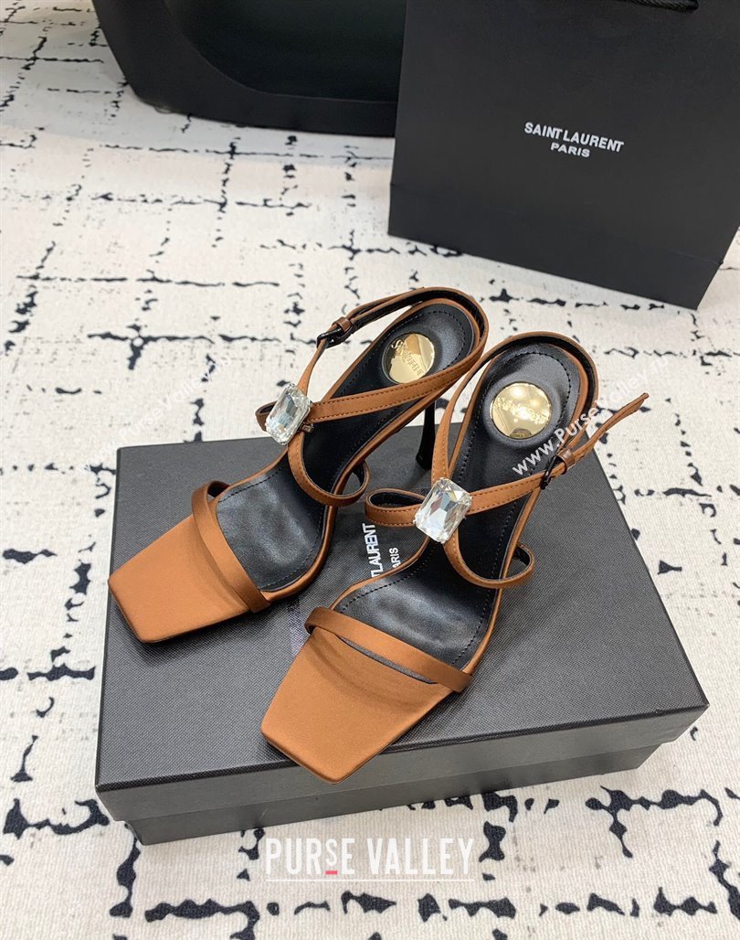 Saint Laurent Harlow Heeled Sandals 10cm in Satin with Strass and Stone Brown 2025 8079649 (KER-250424050)