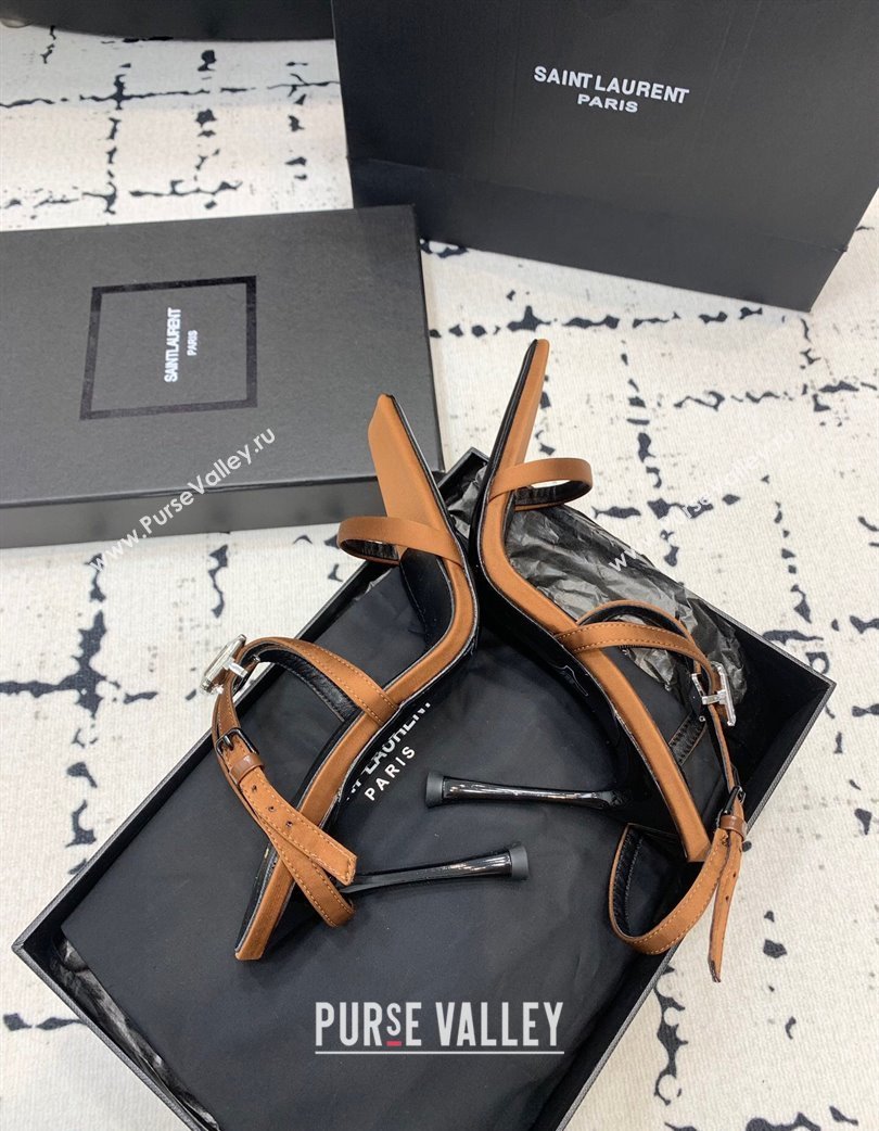 Saint Laurent Harlow Heeled Sandals 10cm in Satin with Strass Brown 2025 (KER-250225085)