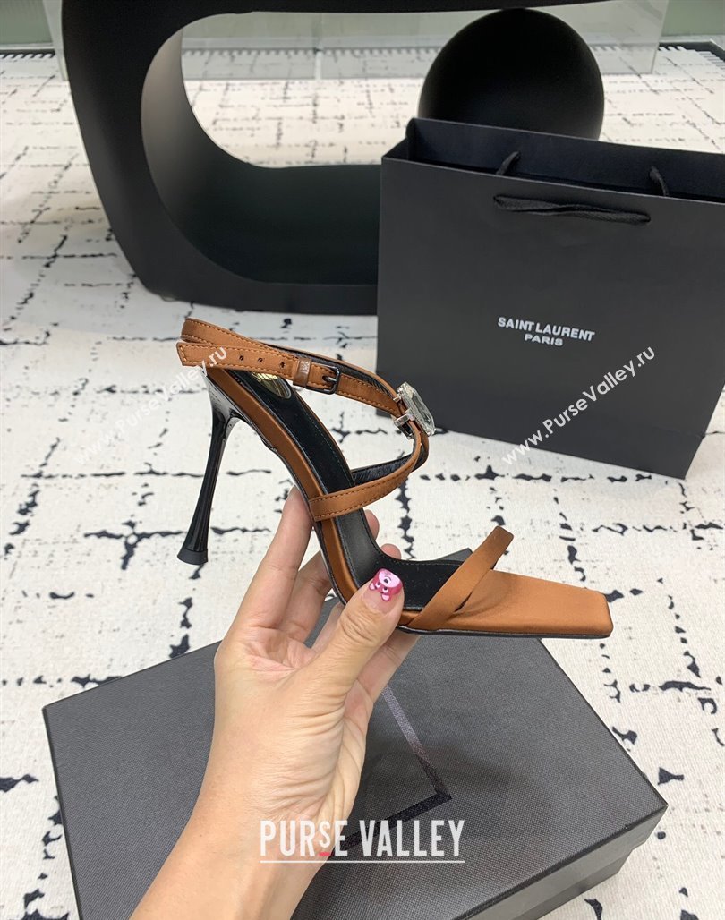 Saint Laurent Harlow Heeled Sandals 10cm in Satin with Strass and Stone Brown 2025 8079649 (KER-250424050)