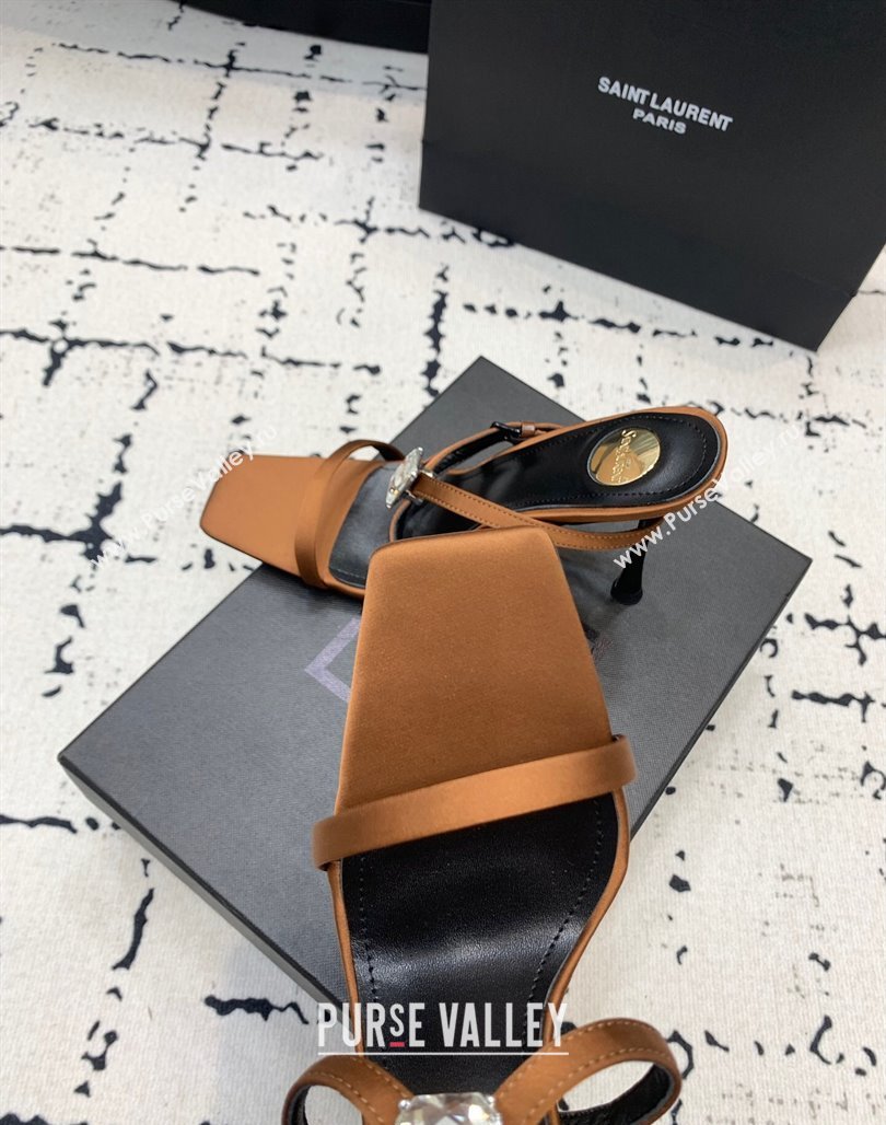 Saint Laurent Harlow Heeled Sandals 10cm in Satin with Strass and Stone Brown 2025 8079649 (KER-250424050)