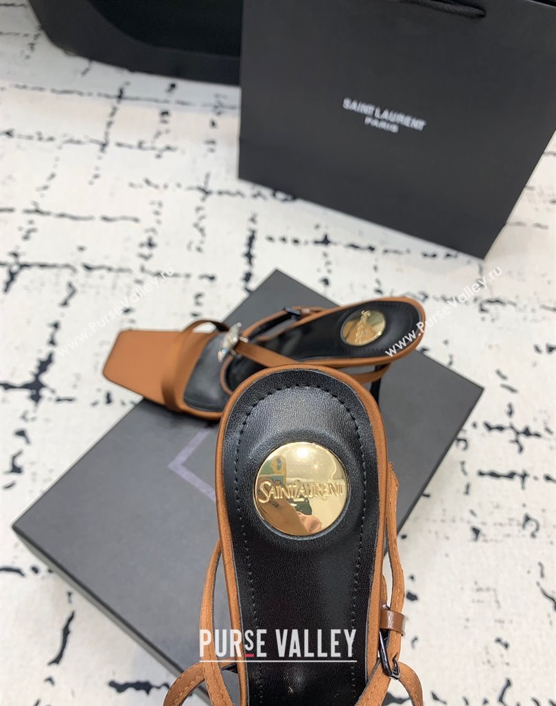 Saint Laurent Harlow Heeled Sandals 10cm in Satin with Strass and Stone Brown 2025 8079649 (KER-250424050)