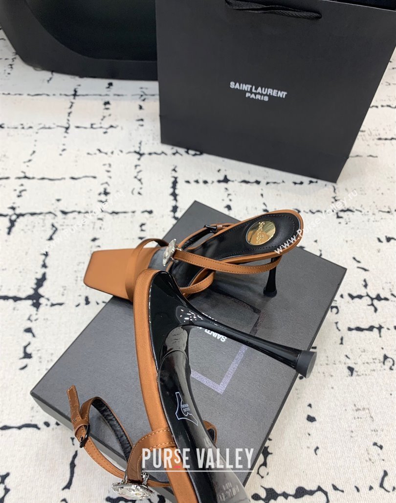 Saint Laurent Harlow Heeled Sandals 10cm in Satin with Strass and Stone Brown 2025 8079649 (KER-250424050)