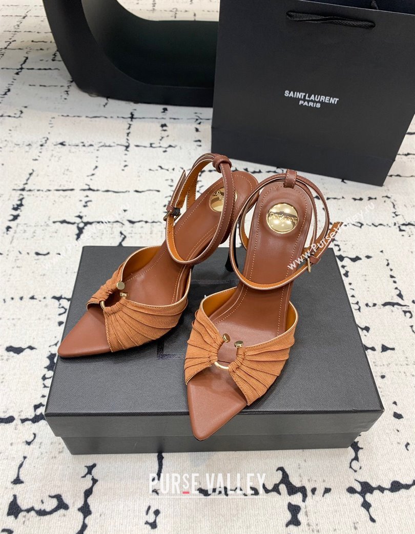 Saint Laurent Nail Fabric Heeled Sandals 10cm Brown 2025 022502 (KER-250225086)