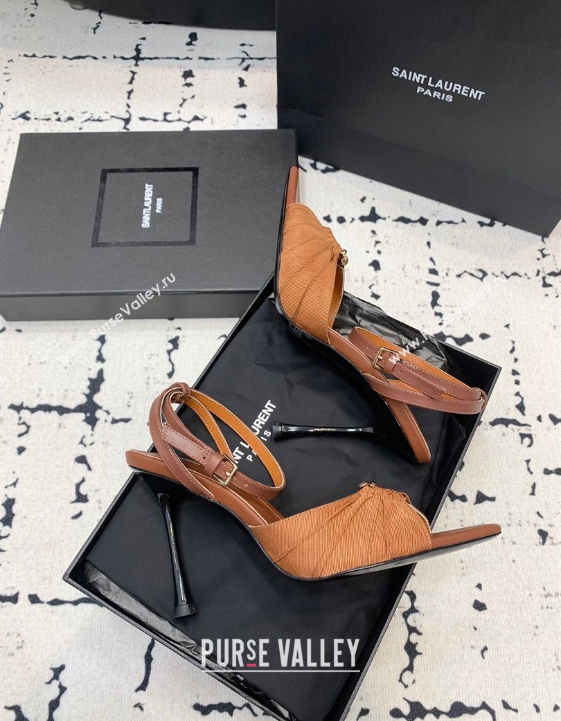 Saint Laurent Nail Fabric Heeled Sandals 10cm Brown 2025 022502 (KER-250225086)