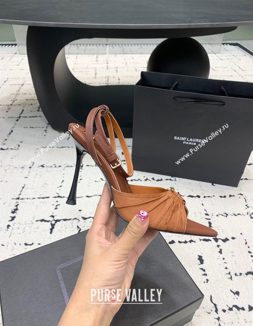 Saint Laurent Nail Fabric Heeled Sandals 10cm Brown 2025 022502 (KER-250225086)