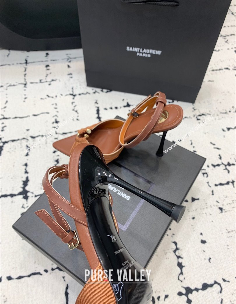 Saint Laurent Nail Fabric Heeled Sandals 10cm Brown 2025 022502 (KER-250225086)