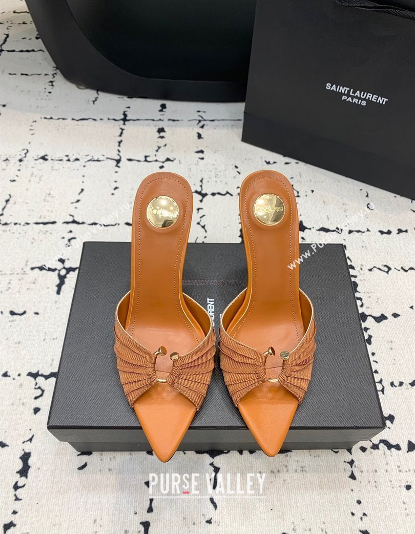 Saint Laurent Nail Fabric Heeled Slides Sandal 10cm Brown 2025 022502 (KER-250225088)