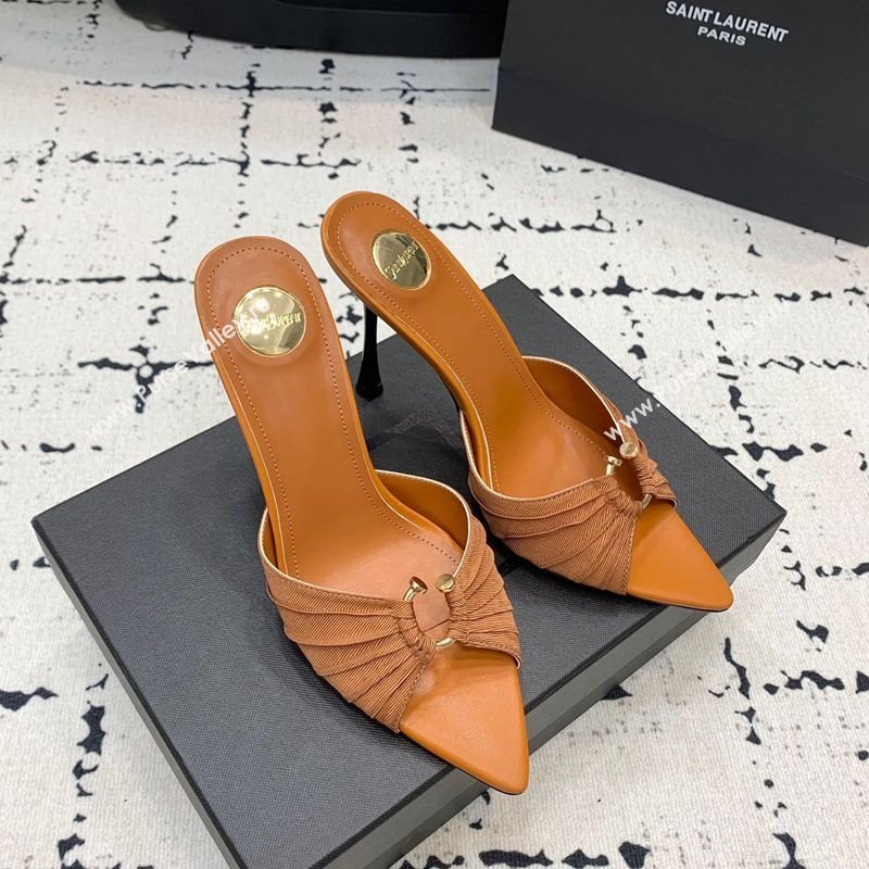 Saint Laurent Nail Fabric Heeled Slides Sandal 10cm Brown 2025 022502 (KER-250225088)