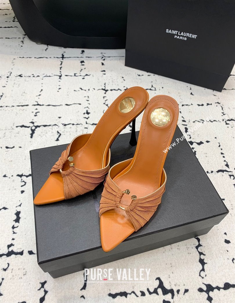Saint Laurent Nail Fabric Heeled Slides Sandal 10cm Brown 2025 022502 (KER-250225088)