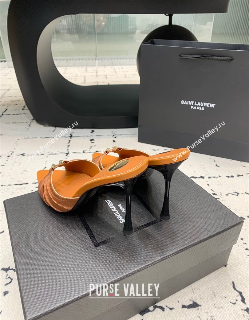 Saint Laurent Nail Fabric Heeled Slides Sandal 10cm Brown 2025 022502 (KER-250225088)
