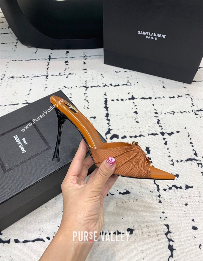 Saint Laurent Nail Fabric Heeled Slides Sandal 10cm Brown 2025 022502 (KER-250225088)