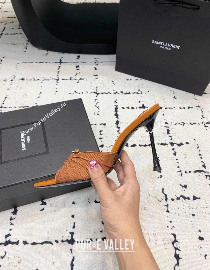 Saint Laurent Nail Fabric Heeled Slides Sandal 10cm Brown 2025 022502 (KER-250225088)