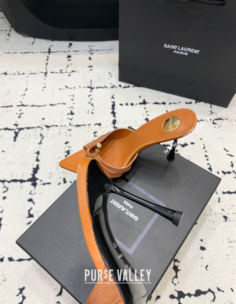 Saint Laurent Nail Fabric Heeled Slides Sandal 10cm Brown 2025 022502 (KER-250225088)