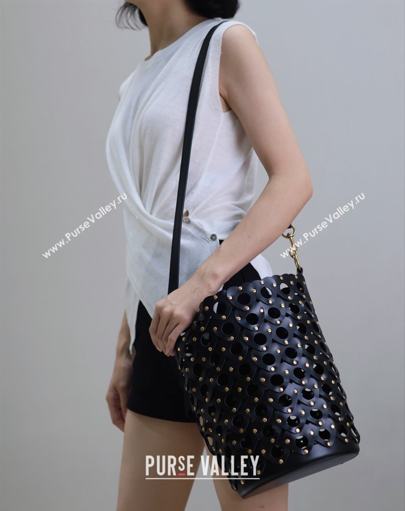 Saint Laurent Seau Bucket Bag in Heart Cutout Leather with Studs Black 2025 753827 (YY-250409048)