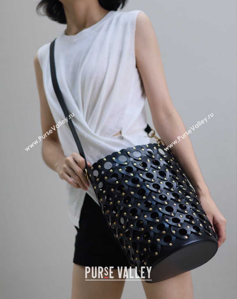 Saint Laurent Seau Bucket Bag in Heart Cutout Leather with Studs Black 2025 753827 (YY-250409048)