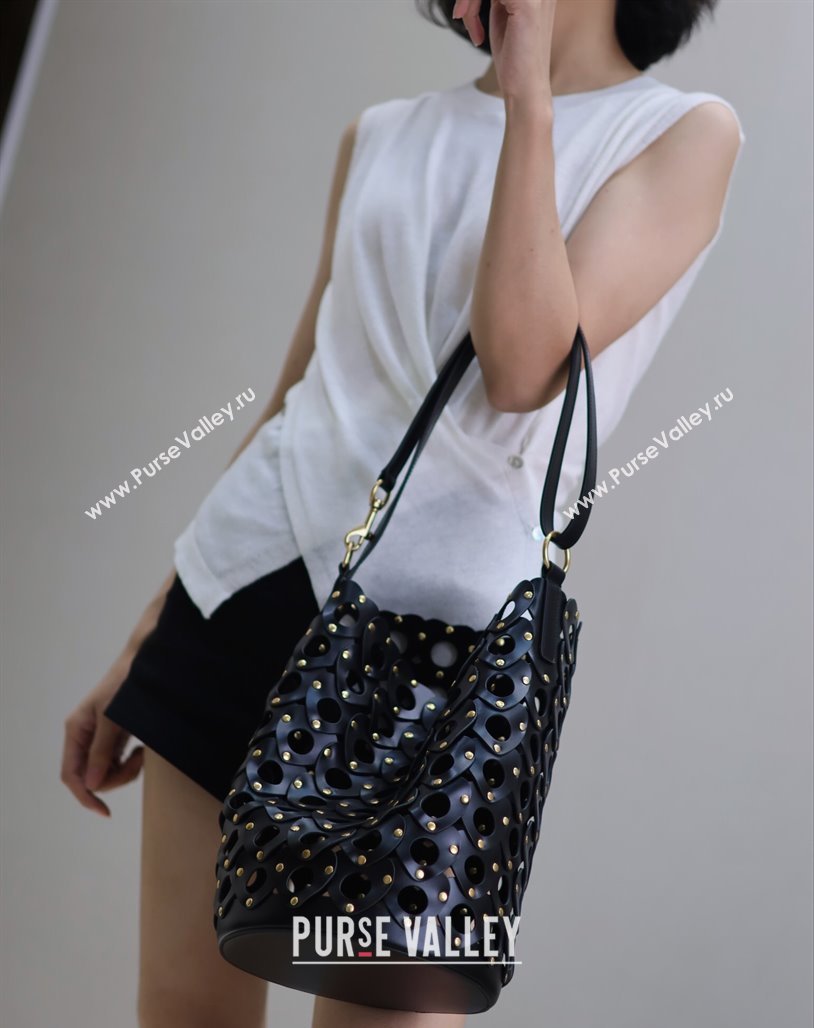 Saint Laurent Seau Bucket Bag in Heart Cutout Leather with Studs Black 2025 753827 (YY-250409048)