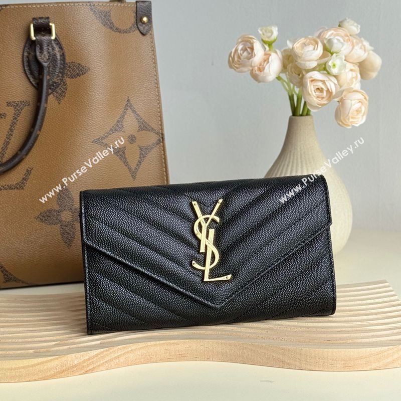 Saint Laurent Envelope Flap Long Wallet in Grained Leather Black/Gold 2025 437469 (YY-250409049)