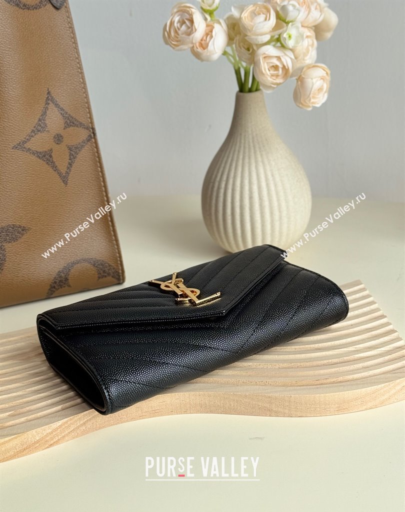 Saint Laurent Envelope Flap Long Wallet in Grained Leather Black/Gold 2025 437469 (YY-250409049)