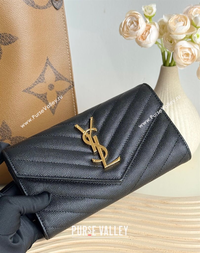 Saint Laurent Envelope Flap Long Wallet in Grained Leather Black/Gold 2025 437469 (YY-250409049)