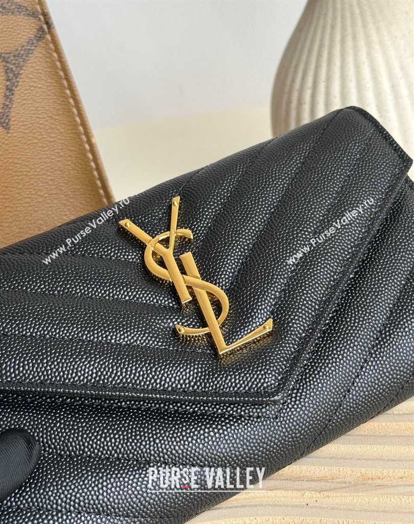 Saint Laurent Envelope Flap Long Wallet in Grained Leather Black/Gold 2025 437469 (YY-250409049)