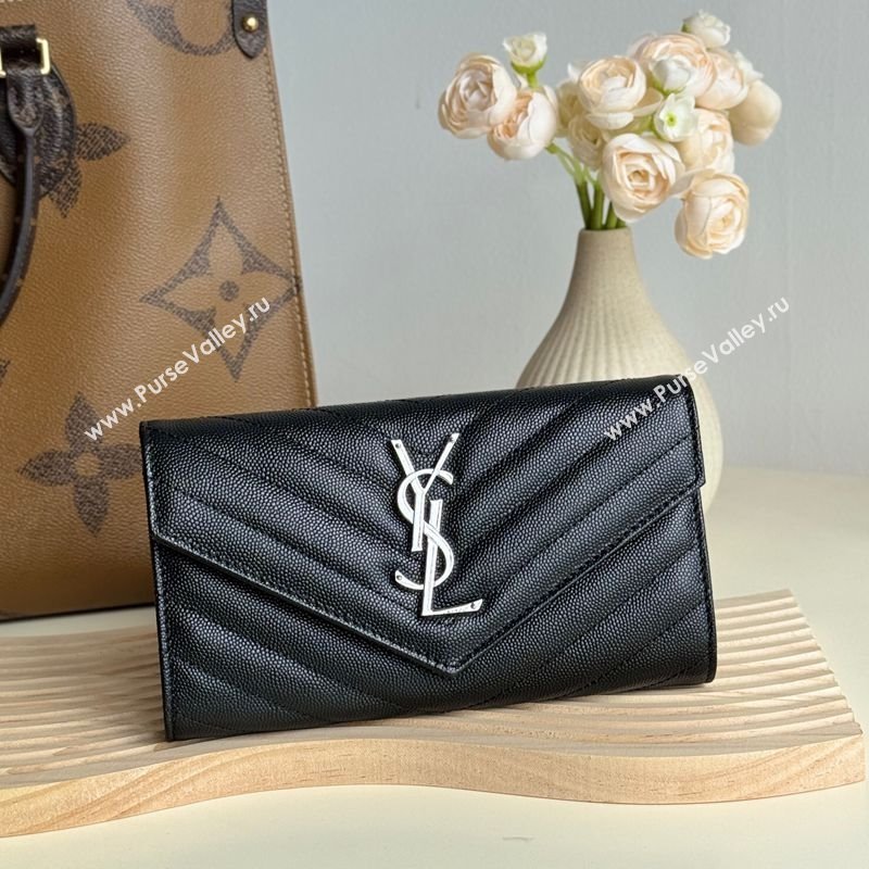 Saint Laurent Envelope Flap Long Wallet in Grained Leather Black/Silver 2025 437469 (YY-250409050)