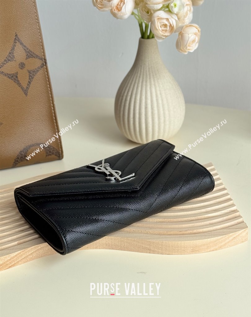 Saint Laurent Envelope Flap Long Wallet in Grained Leather Black/Silver 2025 437469 (YY-250409050)