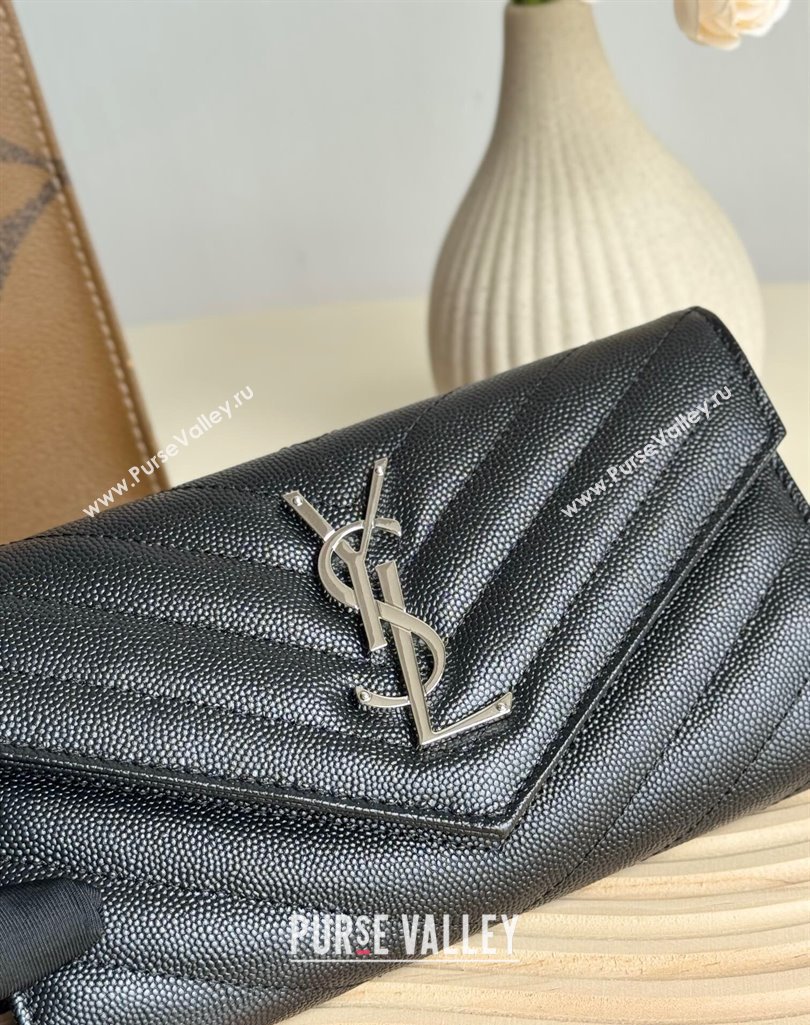 Saint Laurent Envelope Flap Long Wallet in Grained Leather Black/Silver 2025 437469 (YY-250409050)