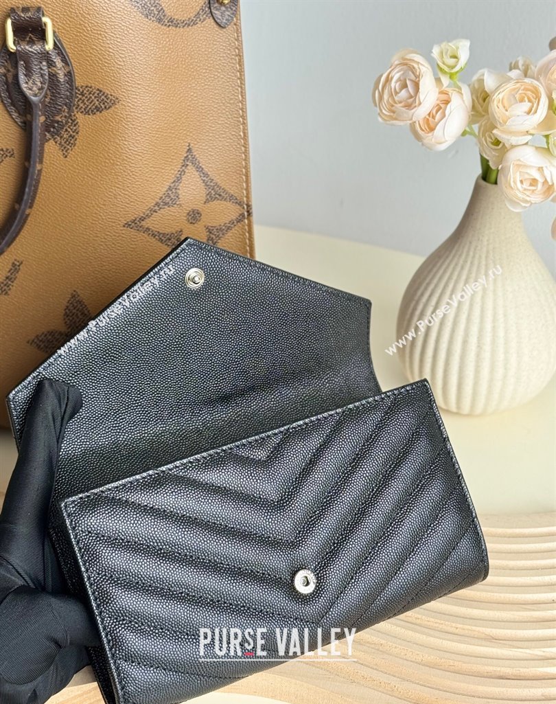Saint Laurent Envelope Flap Long Wallet in Grained Leather Black/Silver 2025 437469 (YY-250409050)