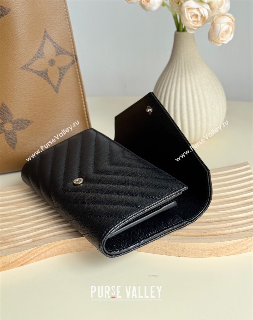 Saint Laurent Envelope Flap Long Wallet in Grained Leather Black/Silver 2025 437469 (YY-250409050)