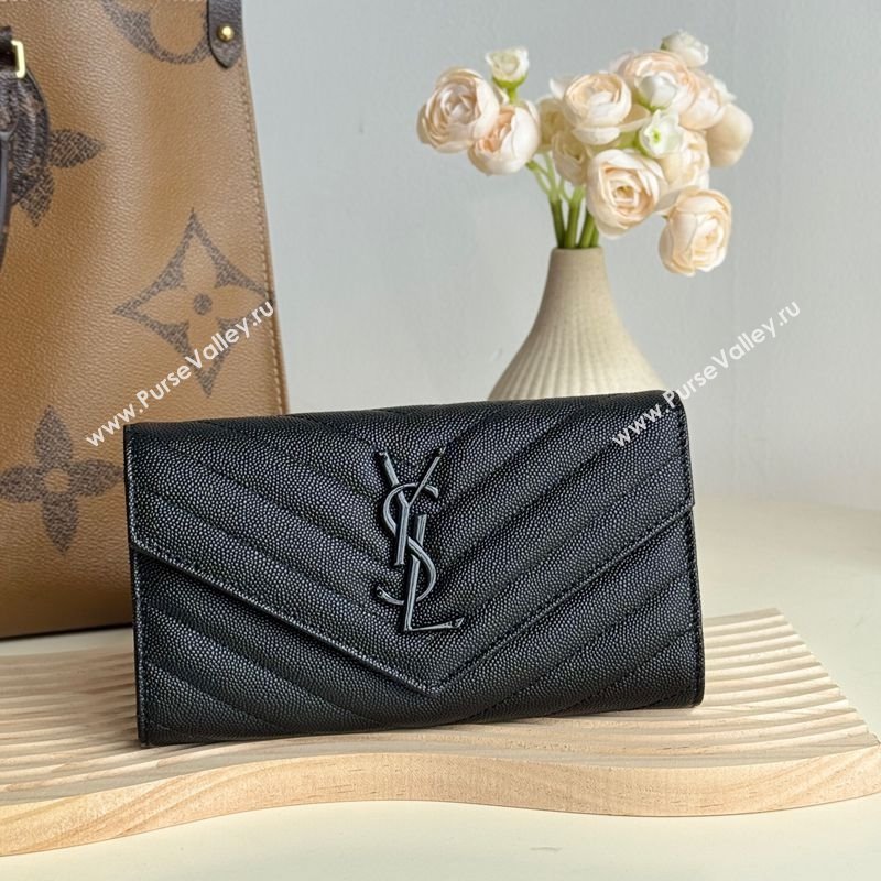 Saint Laurent Envelope Flap Long Wallet in Grained Leather All Black 2025 437469 (YY-250409051)