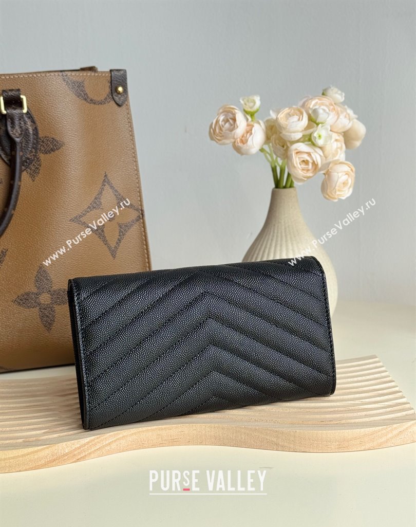 Saint Laurent Envelope Flap Long Wallet in Grained Leather All Black 2025 437469 (YY-250409051)